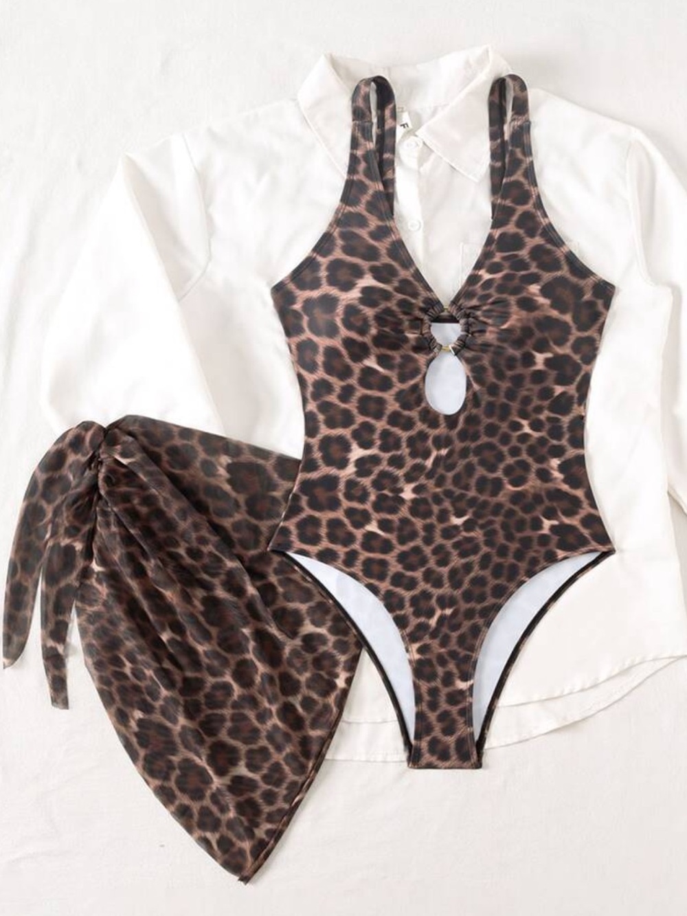 Womens Leopard Print One-Piece Swimsuit with Sarong